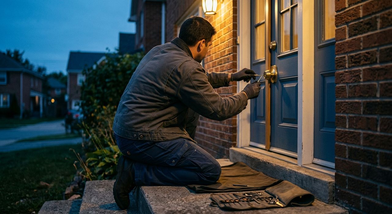 Locksmith kneeling at a brick home's front door at dusk, picking the deadbolt under the porch light