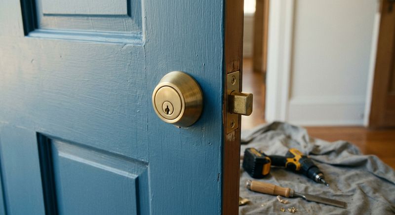 New brass deadbolt fitted in a blue door, bolt thrown into the strike plate, drill and chisel below