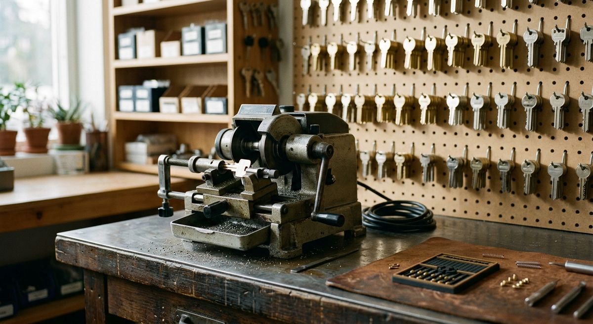 Locksmith workshop bench with a key-cutting machine and rows of blank keys on a pegboard wall